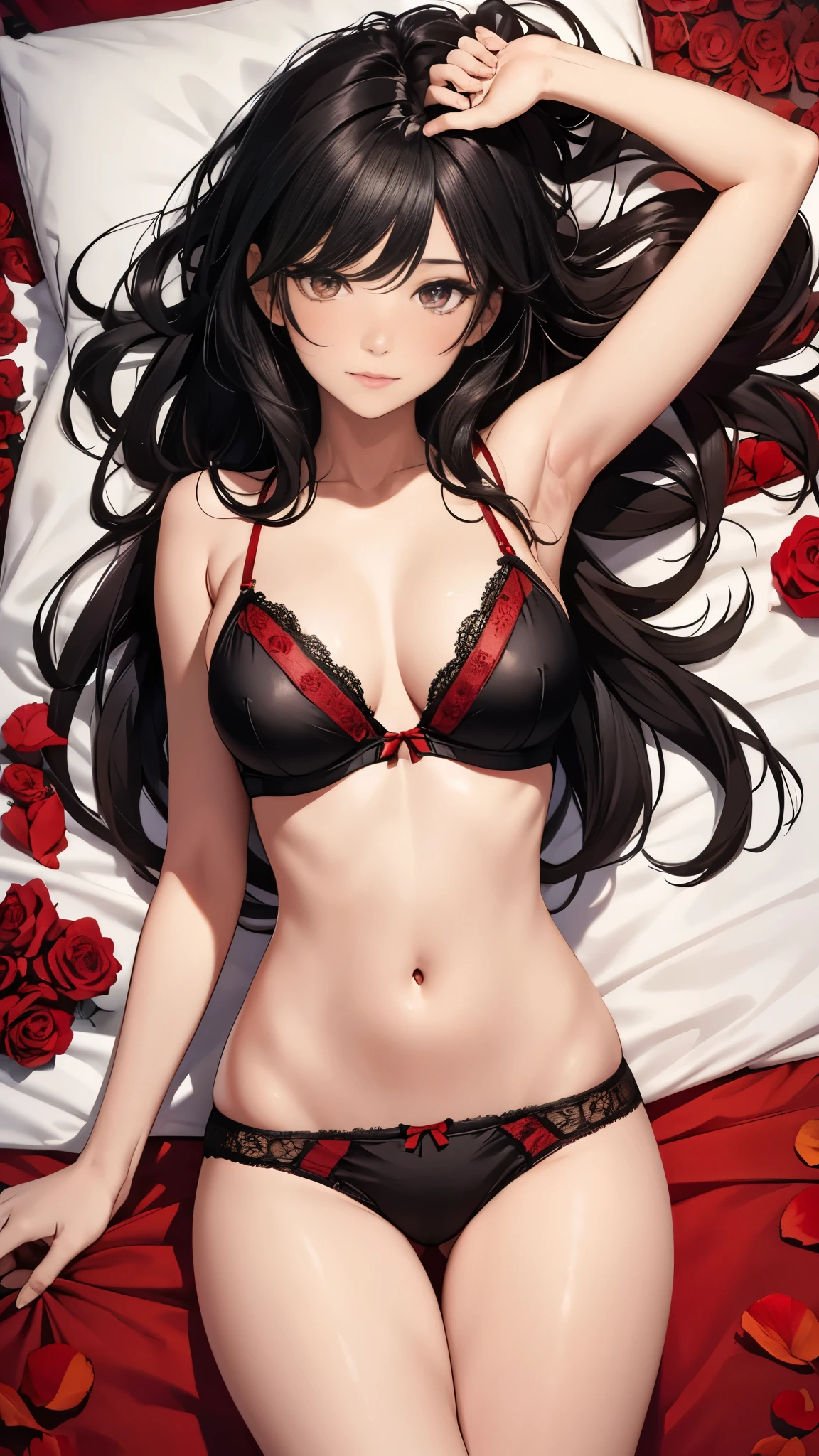 Beautiful black-haired girl with brown eyes and long hair wearing red underwear lying on a bed with rose petals professional photo shoot close up on face