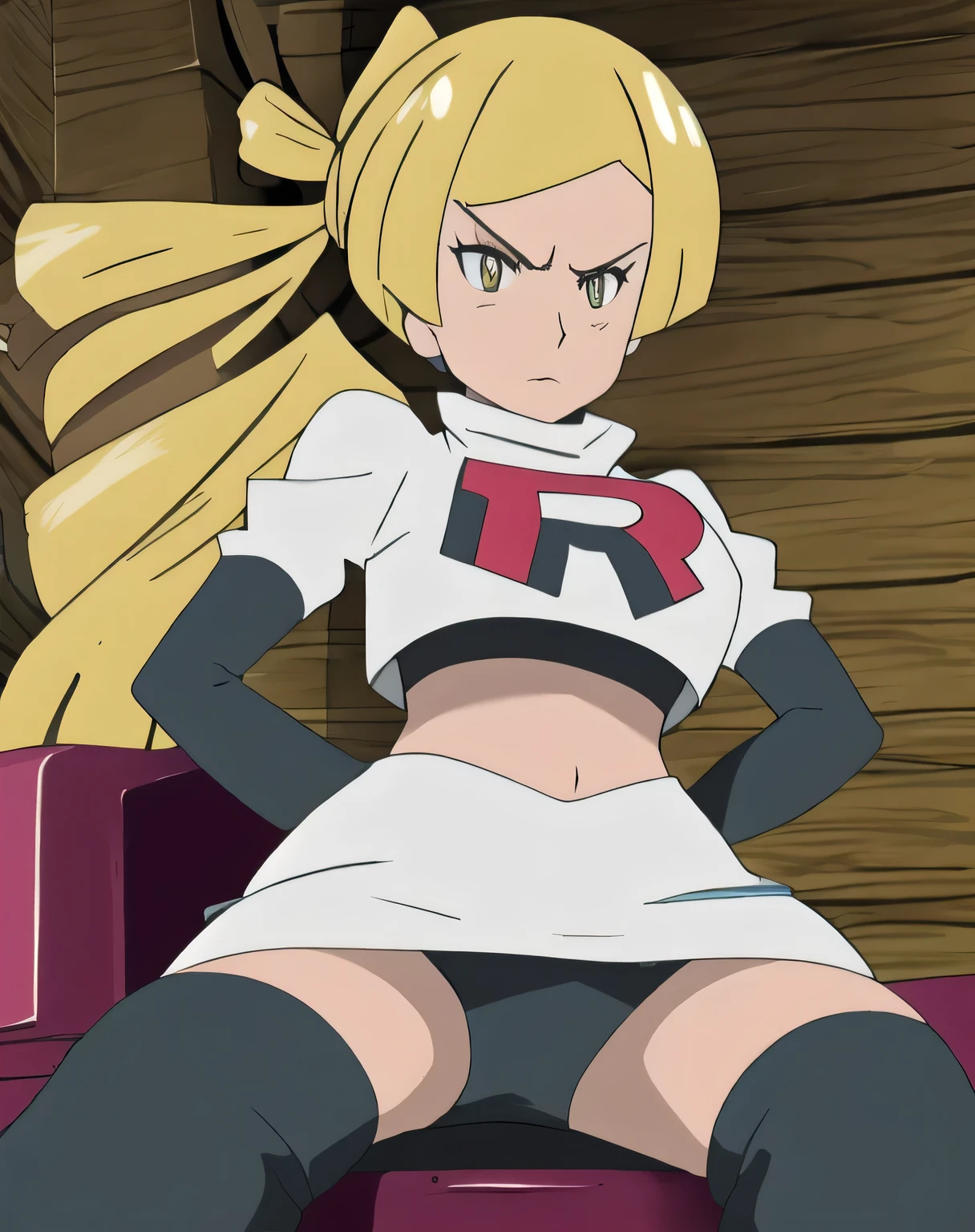 masterpiece,best quality,high res,high quality,8k, masterpiece,highres, team rocket uniform, red letter r, white skirt,white crop top,black thigh-high boots, black elbow gloves, glaring angrily, looking down at viewer, hands on hips, cowboy shot, zettai ryouiki,sitting on toilet.spread legs,from below, black panties,detailed facial features, highly detailed, 8k, photorealistic, vibrant colors, dramatic lighting, cinematic composition,Mariabell Crois