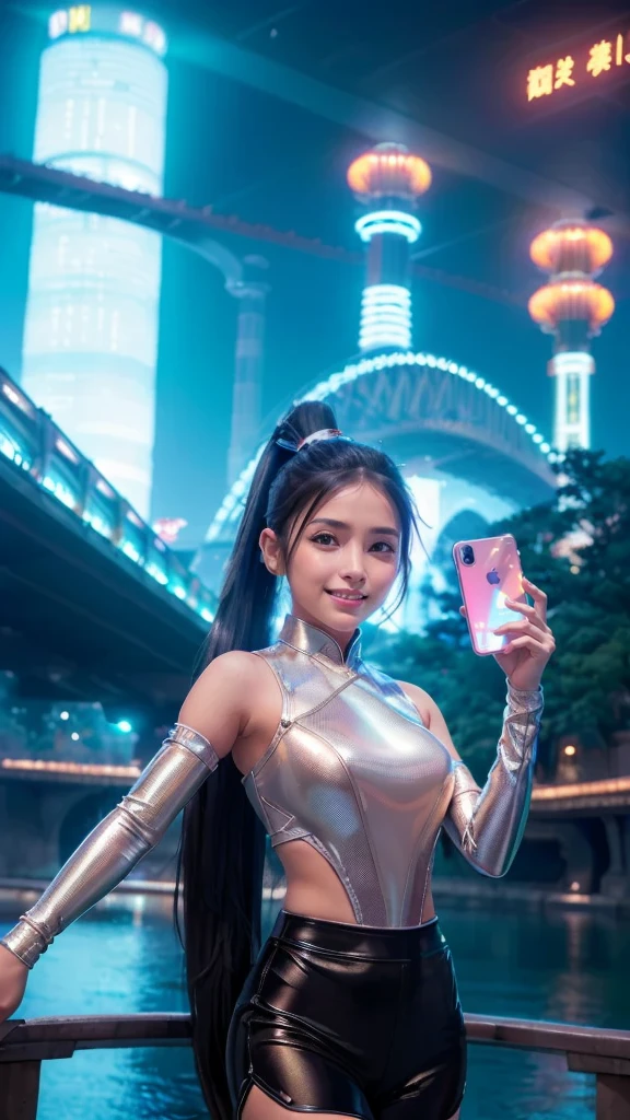 detailed futuristic park, ((bridge)),(( River)),skyscrapers,shiny metallic architecture,hovering cars,neon lights,glowing holographic displays,futuristic girl taking a selfie,bright happy smile,warm lighting,vibrant colors,cinematic atmosphere,photorealistic,8k,high resolution, (((Chinese and Japanese mix, black hair, ponytail hair, brightest smile,(( shy smile)) huge kind smile)))