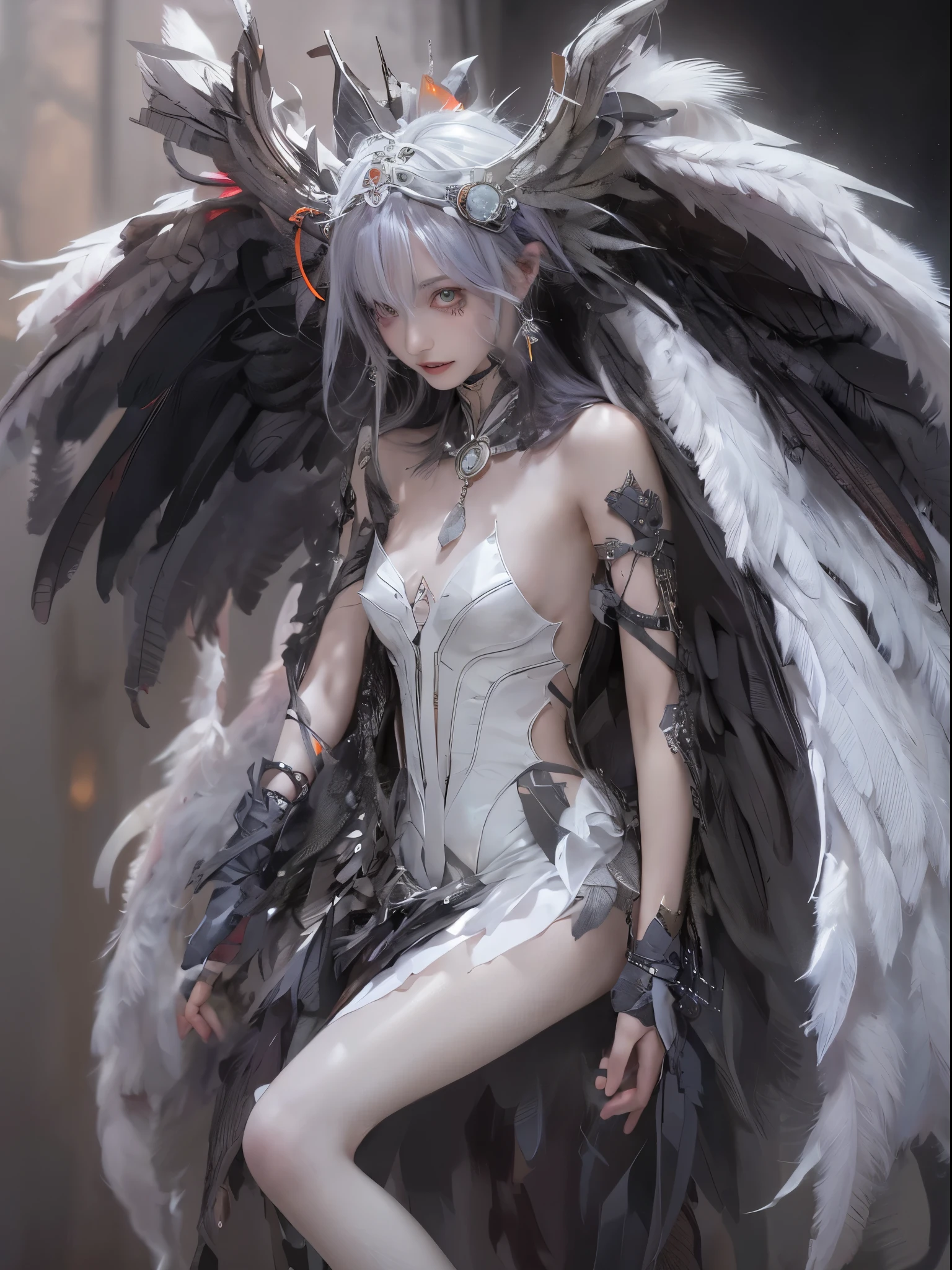 (white color concept:1.0),a girl like doll with angel wings, archdevil, nearly naked, thin body, skinny, small breasts, flat chest, (dynamic pose:1.2), thin body, tiny tits, from the navel up, from below, devil crown, dragon horn, looking down at camera, (no hands),(Highest quality authentic textured skin),(Fine, Round, Symmetrical eyes),Delicate facial features,(Burning bright and cold eyes), very slim and thin body, naked, nude, (She has a mischievous sadness on her face),metal earrings on the ears,A messy painting，(Hair flows in air:1.5),,(Surrounded by black feathers),Epic realism,Cinematic feeling,(high-density imaging review:1.5),Ultra detailed,Dramaticlight,(intricately details:1.1), complex background, fractal background,(fangs:1.2)