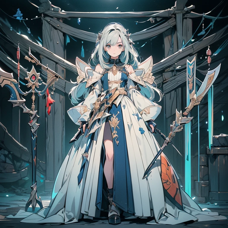 Design a layout showcase Gaming character, (1girl). Golden+Purle clothes, stylish and unique, ((showcase weapon:1.4)), magic staff, (masterpiece:1.2), (best quality), 4k, ultra-detailed, (Step by step design, layout art:1.5), (luminous lighting, atmospheric lighting), magican, ((glove full hands)), (((revealing clothes:1.3))), vambraces, armored legwear, (((full_body_shot:1.4)))