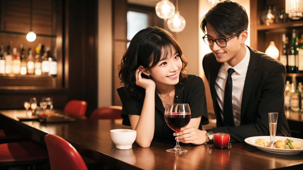 (masterpiece:1.2), high quality, High resolution, High-definition images like those taken with a high-end camera、Two people, male and female、sitting next to each other in chairs、There is food on the table、The man is a 24-year-old Japanese man.、Cut your hair short、Wearing glasses、Looks quiet、Black Hair、Curly hair、Holding a wine glass with red wine、The woman is an 18-year-old Japanese woman.、A lovely smile while drinking、Holding a cocktail glass filled with a cocktail、The location is a dimly lit bar