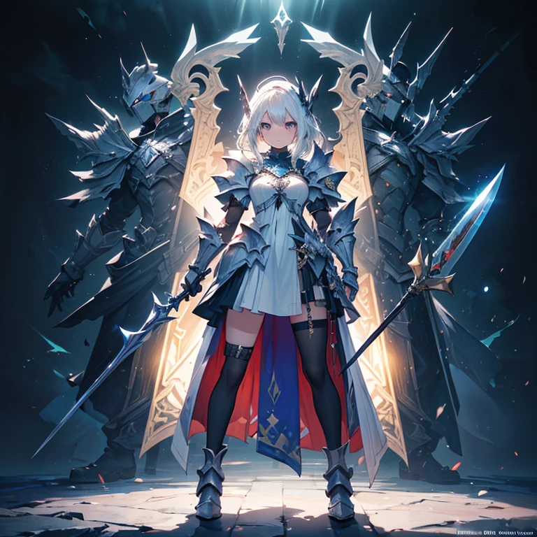Design a layout showcase Gaming character, (1girl). Golden+Purle clothes, stylish and unique, ((showcase weapon:1.4)), magic staff, (masterpiece:1.2), (best quality), 4k, ultra-detailed, (Step by step design, layout art:1.5), (luminous lighting, atmospheric lighting), magican, ((glove full hands)), (((revealing clothes:1.3))), vambraces, armored legwear, (((full_body_shot:1.4)))