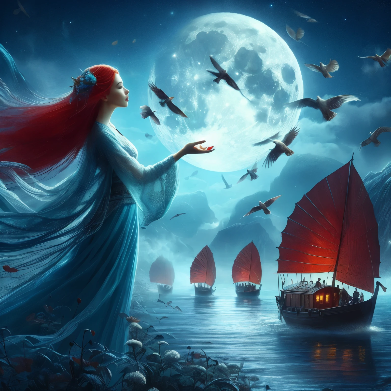 beautiful red haired woman flying boats across the nights sky, full blue moon wanderlust mystery and poetry of love travail and adventure 8k resolution