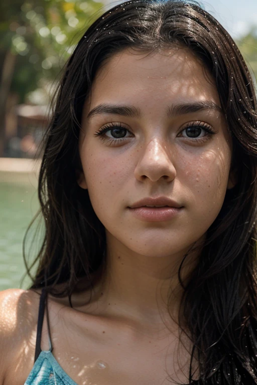 I would like an image of a 15 year old with dark black hair and brown eyes in the style of the Disney movie Lucca poster with half her face in the water with fish scales and half out of the human water 