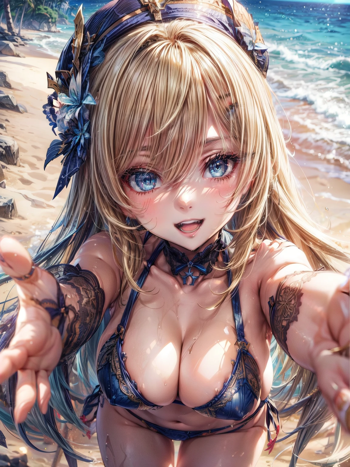 anime, beautiful face, highly detailed face, 2 accurate legs, blue detailed eyes, perfect fingers, perfect hand, highly detailed beach background, perfect lighting, best body lighting, navia hat, 1girl, solo, navia, genshin impact, outdoors, beautiful blonde long hair, absurdres, high res, ultrasharp, 8K, masterpiece, looking at viewer, (happy smile:1.2), blushing loads, BREAK (detailed sexy beach bikini:1.4), all intricate lace, (sexy pose:1.2), (hands reaching out towards viewer:1.4), incoming hand