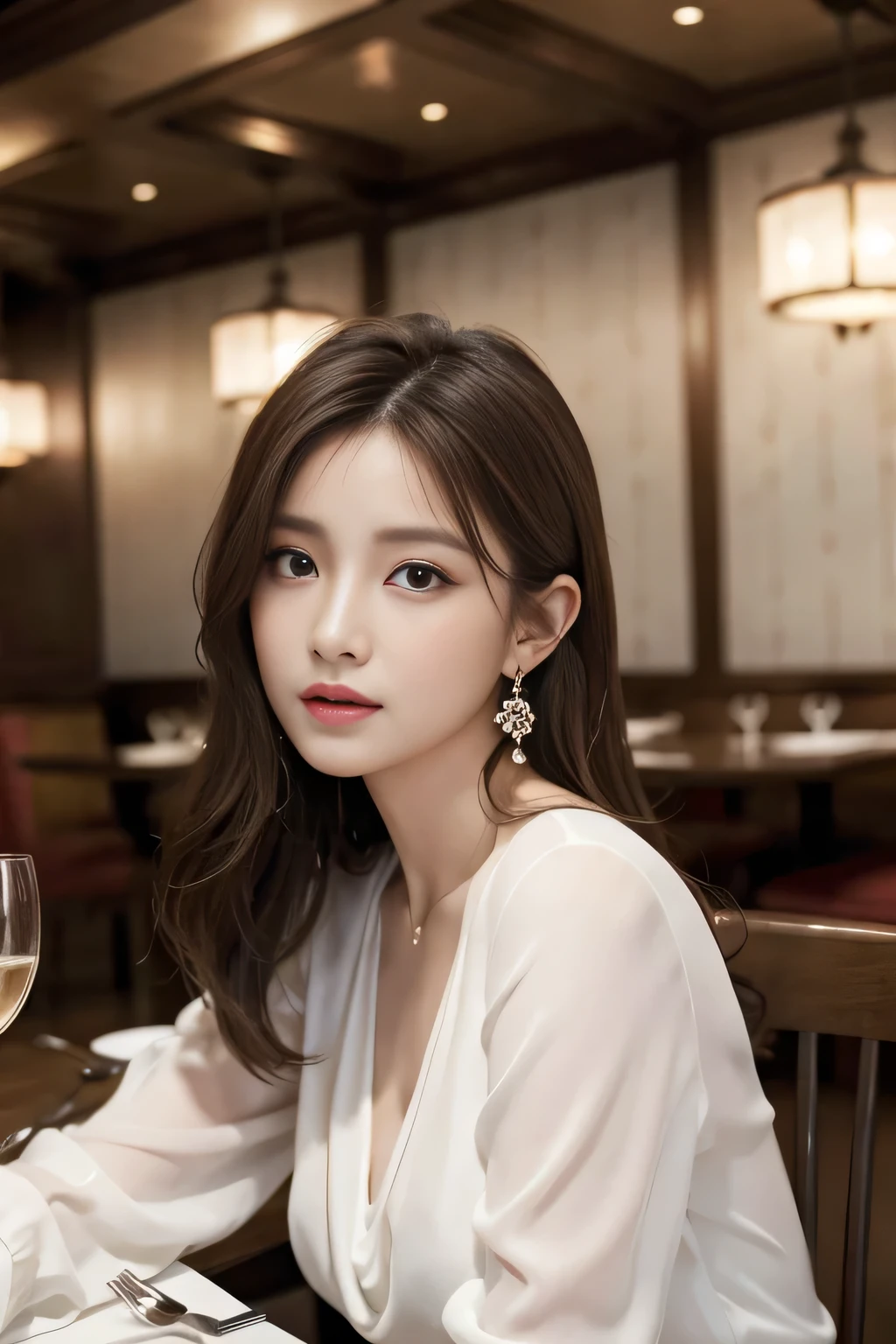 masterpiece, highest quality, Realistic, Very detailed, Finer details, High resolution, 8k wallpaper, One beautiful woman, Wear an elegant white see-through blouse, In a great restaurant, At night, Light brown messy hair, Perfect dynamic composition, Beautiful and beautiful eyes、Big earrings、Sitting in a chair、