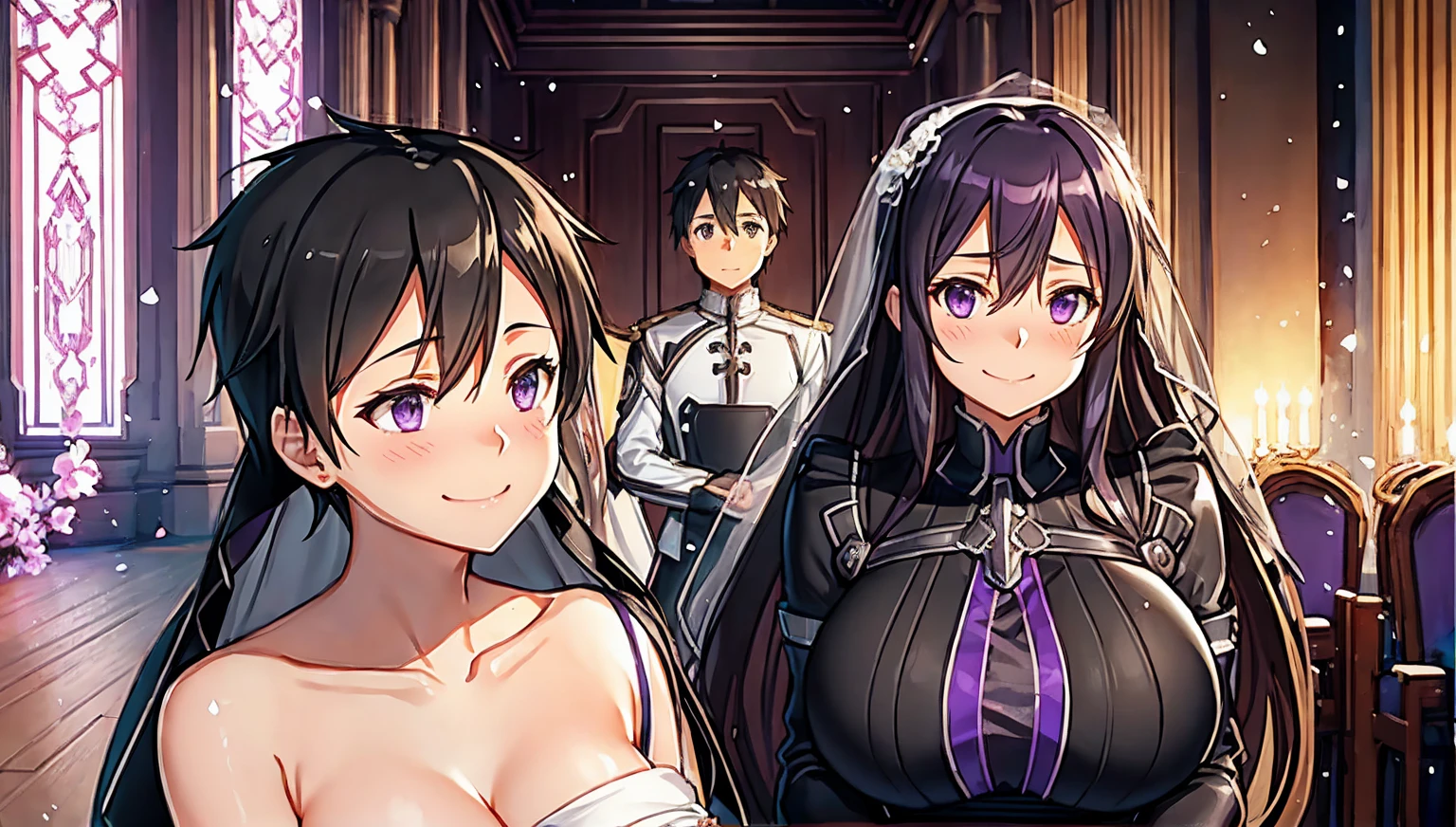 Kirito and Asuna black wedding dress purple eyes two people standing in the wedding hall looking at each other kissing, Super huge big breasts breast enlargement breasts pumped up Look at the camera and blush and smile