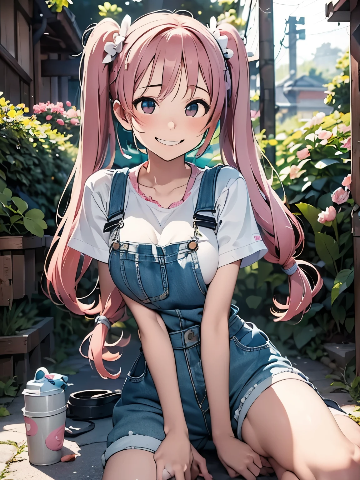 (masterpiece、highest quality、highest quality、Official Art、Beautiful and beautiful:1.2)、(One girl:1.3)Hatsune Miku、Twin tails,Big Breasts,masterpiece,highest quality, 1 girl,alone,Urarakaharu,Work clothes,Overalls Shorts,Flower-shaped pupil,change,Pink Shirt,Have ice cream,(ponytail:0.6),smile,Open your mouth,cloudy, 