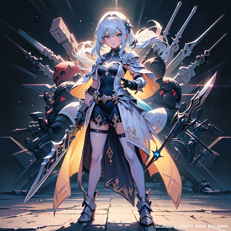 Design a layout showcase Gaming character, (1girl). Golden+Purle clothes, stylish and unique, ((showcase weapon:1.4)), magic staff, (masterpiece:1.2), (best quality), 4k, ultra-detailed, (Step by step design, layout art:1.5), (luminous lighting, atmospheric lighting), magican, ((glove full hands)), (((revealing clothes:1.3))), vambraces, armored legwear, (((full_body_shot:1.4)))