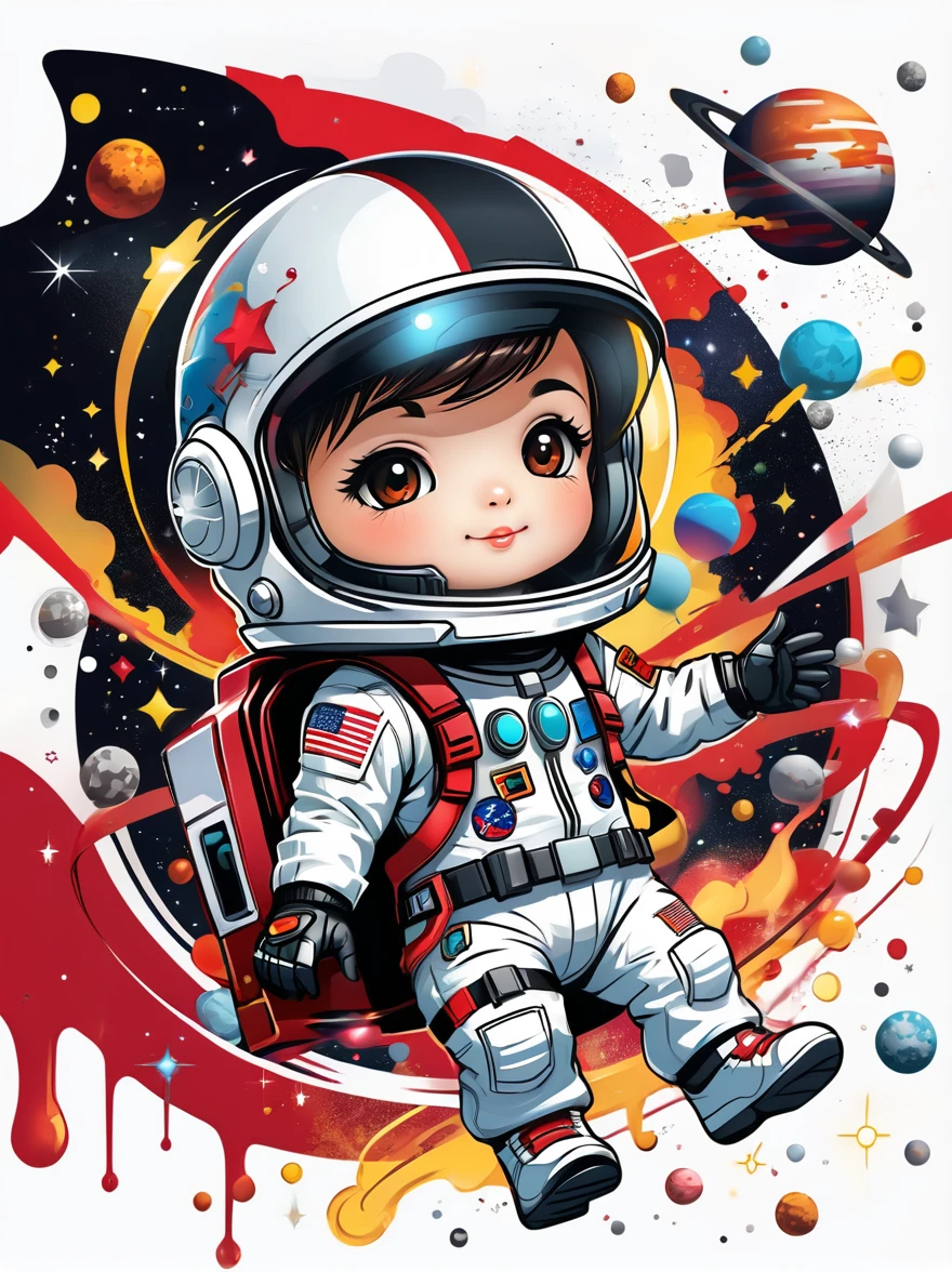 卡通Graffiti人物，Vector illustration，A visually striking chibi astronaut is portrayed in great detail，He wears a black visor，Wearing a refreshing white suit with red straps，The cute hero rides a children&#39;s tricycle with large grippy tires，Exploring the lunar surface，背景展示了一个充满Graffiti风格的星星和宇宙奇观的宜人星系，This piece of concept art combines anime、Graffiti、Illustration and typography，Created a whimsical，Imaginative image of space exploration，Add whimsy to the scene，1xhsn1