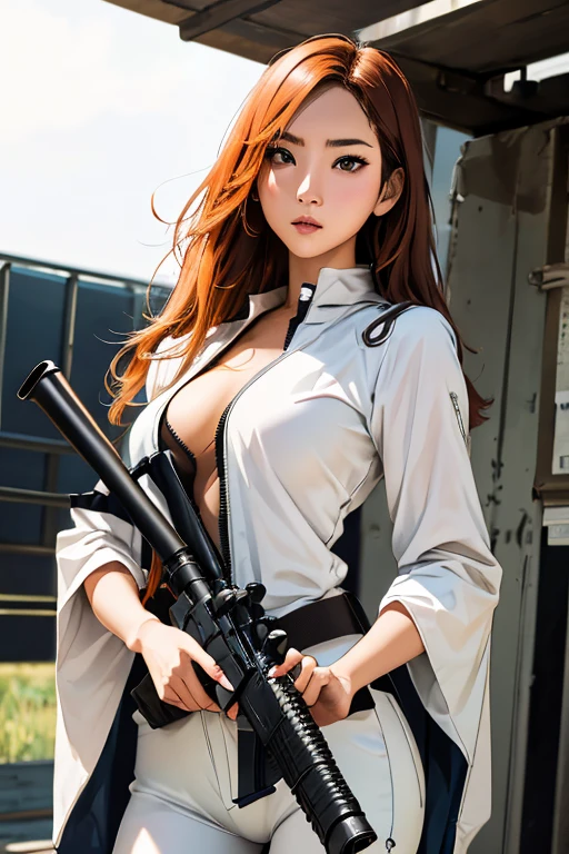 survival game、Heavy Armored Soldier、survival gameのフィールド、A beautiful girl is holding a firearm、head to waste、Vulcan cannon、m134 milligun、Material Rifle、heavy machine gun、