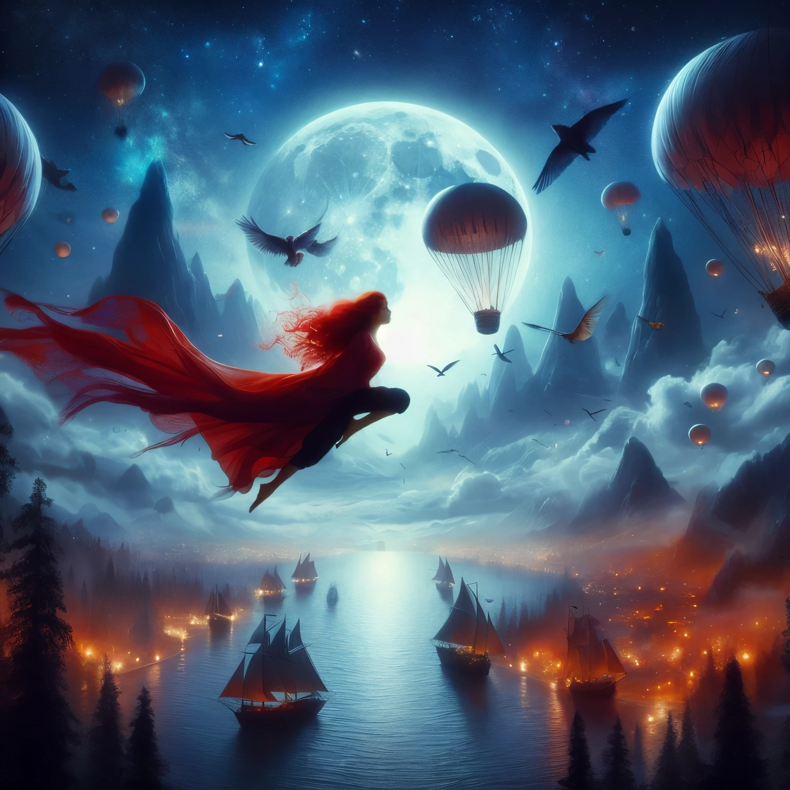 beautiful red-haired woman riding in a magical flying boat across the nights sky, full blue moon wanderlust mystery and poetry of love travail and adventure 8k resolution