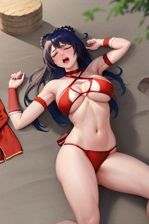 masterpiece, best quality, beautiful art, high resolution, well formed hands, body and fingers, 1 woman, solo, Xiangling , adult, grown up, big breasted, cleavage, full body, long hair, wearing a Tyris Flare outfit, sexy and skimpy bikini, gorgeous legs and thighs, ryona , in peril, she is being beaten up by her opponent, she is knocked down and slapped in the face and being slammed against the floor, receiving the impact of her opponent's attacks, closed eyes, screaming in pain and agony, ryona and perilous scene, bouncing breasts, weak and helpless, martial arts tournament on the beach
