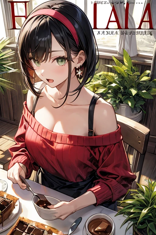 (small breasts:1.2), (perky chest:1.2), (pointed chest:1.2), (Pudding cake magazine cover:1.3),(from above:1.0),(from side:0.9),masterpiece, 1girl, Amazing Cleavage:1.1, thin waist, big ass, Raised sexy, posed cleavage:1.2、solo, looking at viewer, open mouth, have a cute grass of cute beergrass,black hair, dark green eyes, dress, bare shoulders, jewelry, collarbone, sidelocks, hairband, earrings, indoors, off shoulder, sweater, arms behind back, plant, short hair with long locks, gild hairband, off-shoulder dress, sweater dress, off-shoulder sweater, red sweater, dark gord hair, big side hair, very long side hair,is rendered in (masterpiece: 1.2, best quality), with (ultra high resolution) and an exquisite (depth of field). This masterpiece is not only visually stunning but also tells,A scene of cooking in the kitchen by classroom