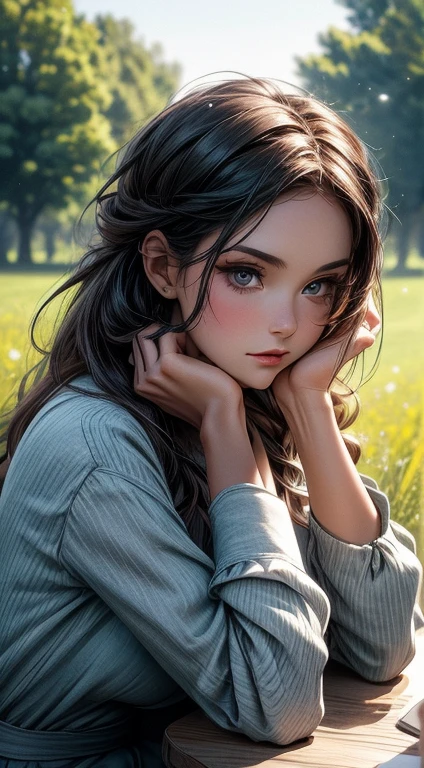 there is a woman sitting at a table with a camera, photography style, anna nikonova, sitting in a field, female photography, in a field, photo portrait, photography portrait, distant photo, retro photography, modeling photography, taking a picture, vintage photography, food stylist, portrait shot, professional photography, advertising photography, anna nikonova aka newmilky, casual photography