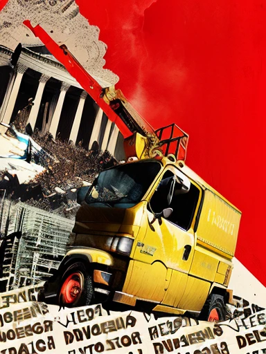 there is a yellow truck with a crane on top of it, capitol riot, photo illustration, digital collage, promotional art, editorial illustration, official artwork, promo image, the price of ncr, digital illustration -, digital illustration, promotional artwork, in style of digital illustration, by Mike Bierek, promotional image, stylized digital illustration, there was a noise, cover shot
