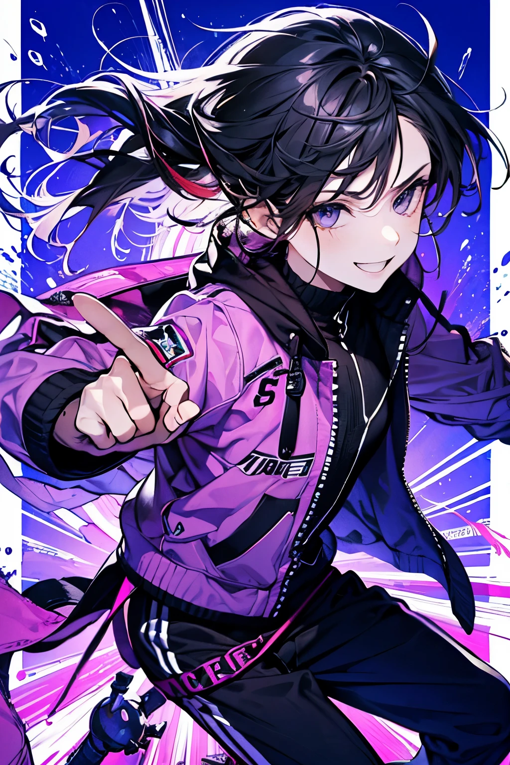 ((Male, about 17 years old:1.2)),((half up and half down hair:1.35)),((Casual and boyish outfit:1.2)),(feminine:1.4),((Fighting pose:1.3)),((Energetic and active movement:1.4)),(smile:1.4),☺️,((✌🏻))