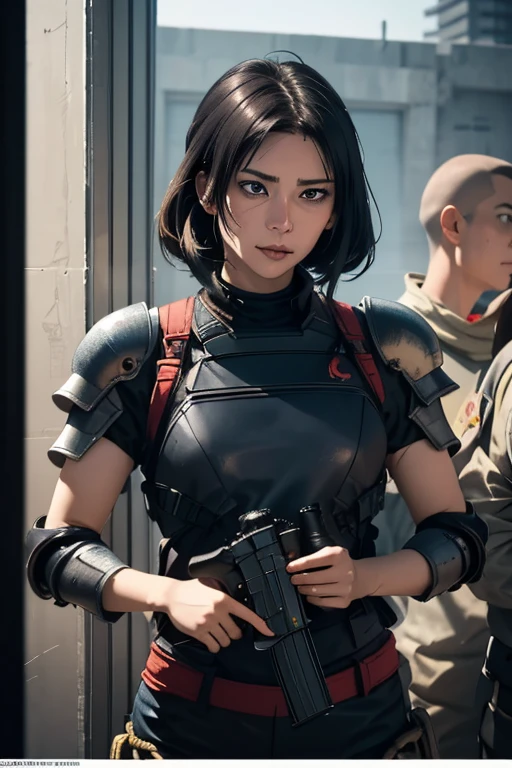 survival game、Heavy Armored Soldier、survival gameのフィールド、A beautiful girl is holding a firearm、head to waste、Vulcan cannon、m134 milligun、Material Rifle、heavy machine gun、