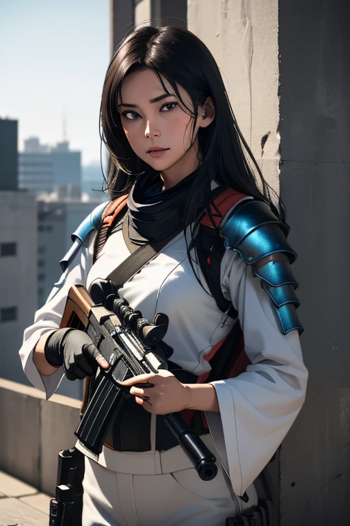 survival game、Heavy Armored Soldier、survival gameのフィールド、A beautiful girl is holding a firearm、head to waste、Vulcan cannon、m134 milligun、Material Rifle、heavy machine gun、