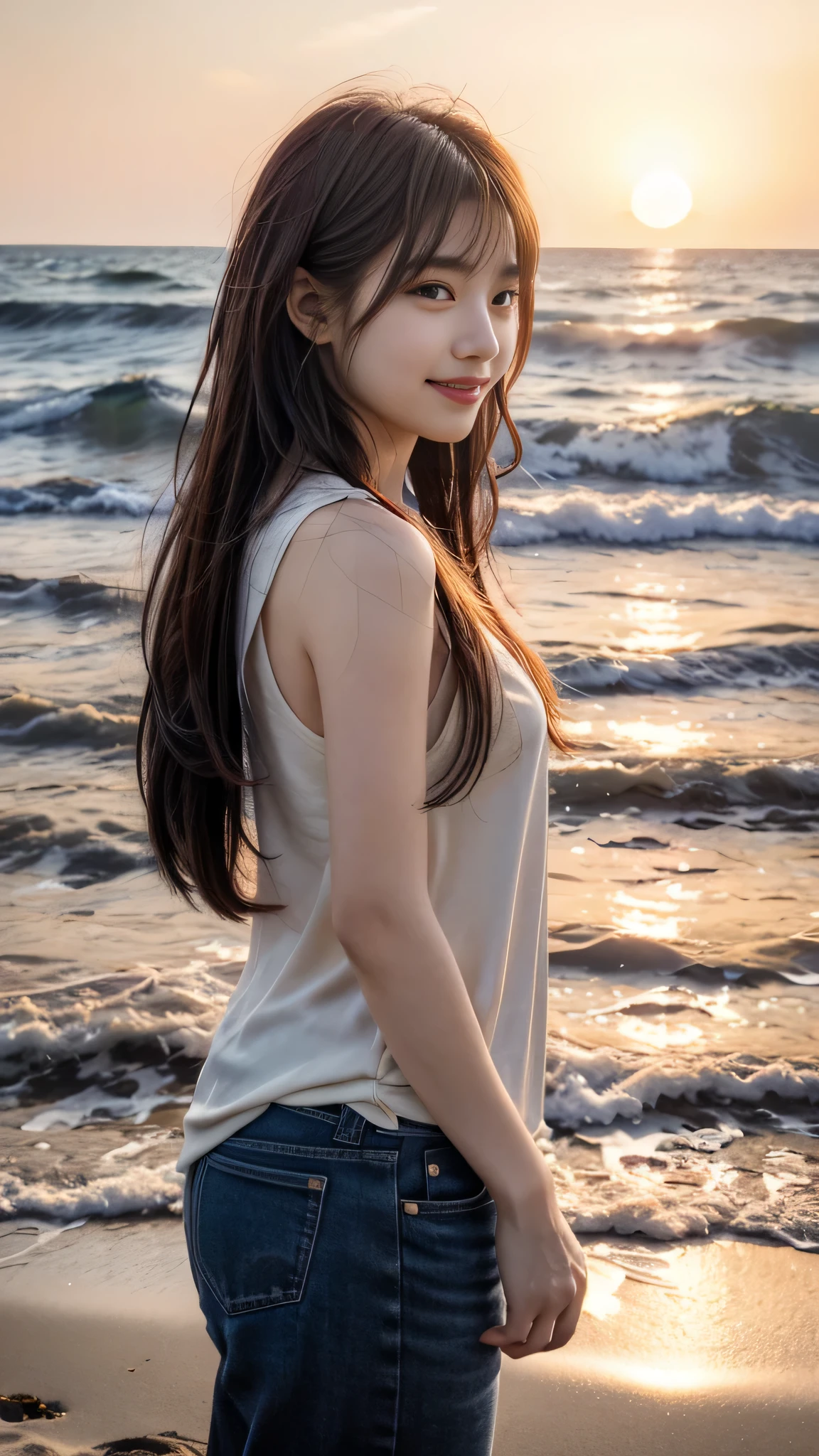arafed woman standing on the beach at sunset with her hands in her pockets, bae suzy, jaeyeon nam, at beach at sunset, with sunset, jinyoung shin, at a beach, with long yellow gold hair, xintong chen, posing on a beach with the ocean, with bangs, at the beach, on beach, in the beach, ulzzang, profile pic, (look at the viewer), (little smile)