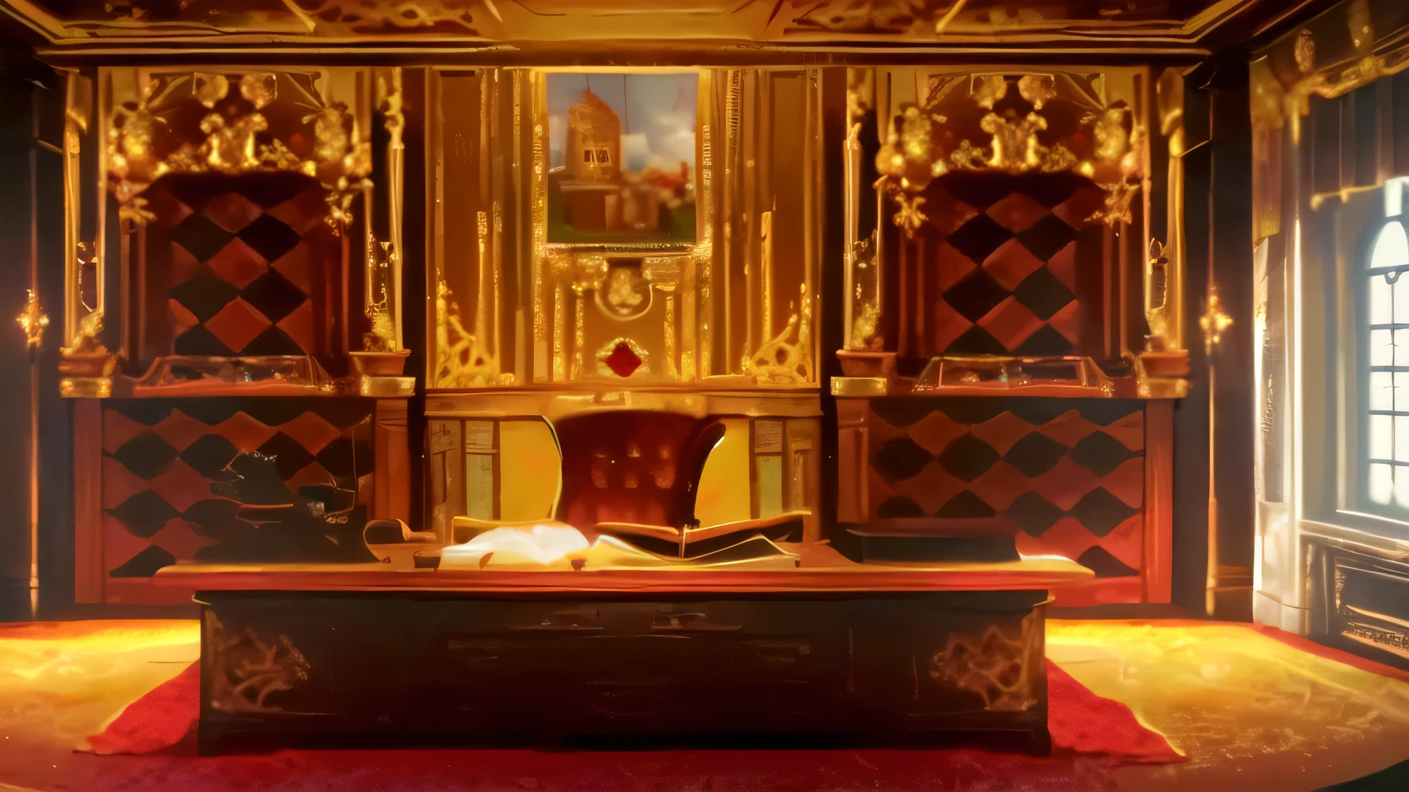 There is a desk with books and a bookshelf in the room., Inside her surreal VR castle, decadent Audience Room, exquisitely designed Audience Room, Audience Room, Personal room background, set in bank vault room, Red Room, in a Audience Room, Hogwarts Gryffindor Common Room, Room painting, rustic Audience Room, Indoor Background Art