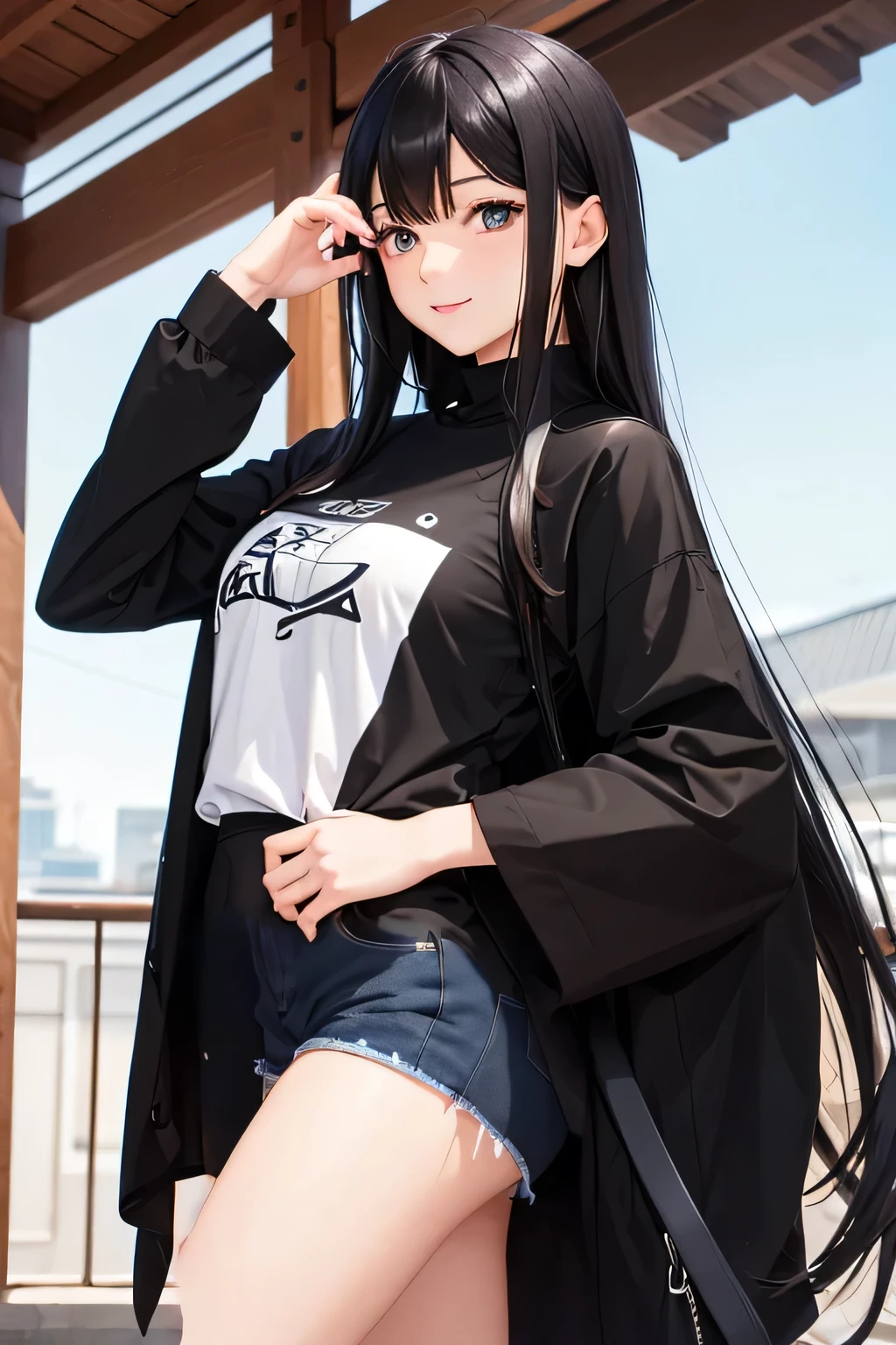 Long black hair, large eyes, well-proportioned features that exude intelligence and warmth, a modest but charming smile, slim body with moderate muscle tone, healthy beauty, simple and casual clothing　 When drawing、Japanese anime style（Japanese Anime Style）It is expressed by。jeans
