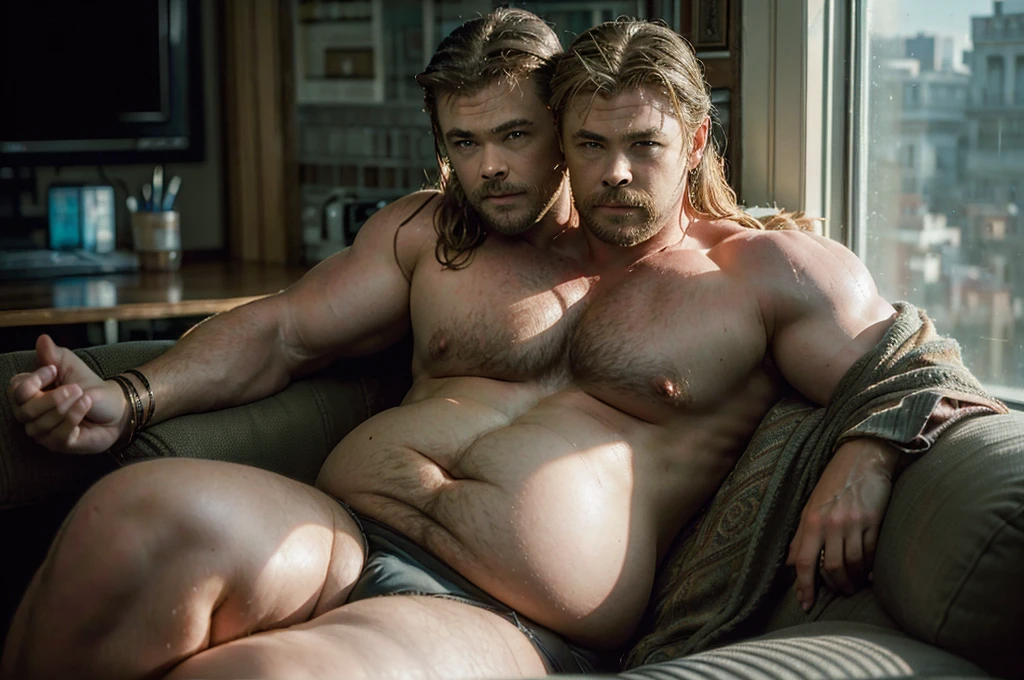 (((2heads))), solo, ((((chris hemsworth)))), middle aged, male, long hair, facial hair, (((obese, overweight, fat, chubby, heavy, dadbod, masculine, beefy))), ((shirtless, briefs)), navel, body hair, dreamy atmosphere, dark cyan and red, i can't believe how beautiful this is, serene atmosphere, epic realistic, intricate, highly detailed, (depth of field:1.4), faded, (neutral colors:1.2), (hdr:1.4), (muted colors:1.2), hyperdetailed, (artstation:1.4), cinematic, (intricate details:1.1), dim room scenery, (rutkowski:0.66), (skin texture:1.2), detailed expressions, natural pose, sitting on recliner, holding game controller