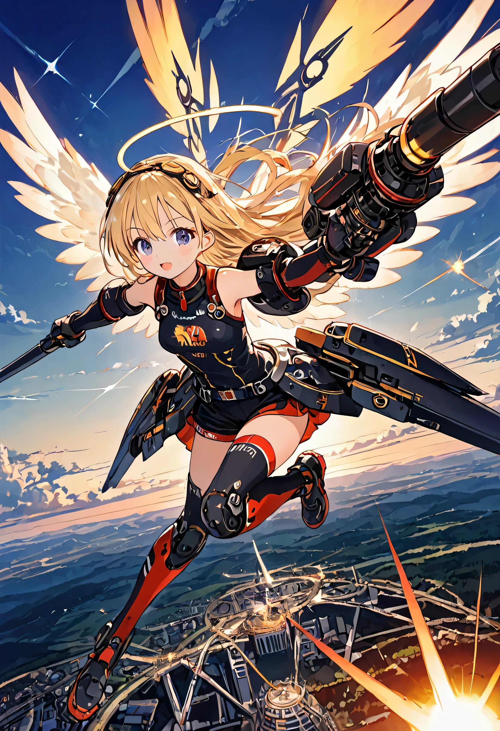 masterpiece, 8k, Girl, Small breasts, 12yo, Angel,Light's Wing, Sky, Light, god々Shii, Mabushii, Blonde, Long Hair, shine, 逆Light, Flare, Bokeh, (Fantastic scenery), Powerful heavy weapons, cyber punk, Dynamic Angle, A lot of missiles, Weapons attached to limbs, Air Combat