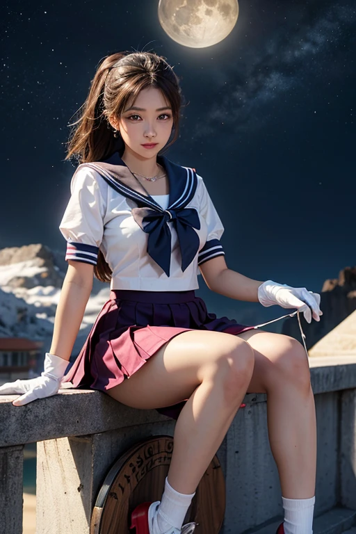 ((HD realistic, SAMA1 level)), very realistic,muste piece, best quality, high resolution, SAMA1, (((Sailor Sensi Uniform with Medium Chest,))) white gloves, Red sailor collar, red skirt, star necklace, elbow gloves, pleated skirt, bare legs, Purple bow, space, the moon, charming smile, stunning beauty, full body photo.big breast