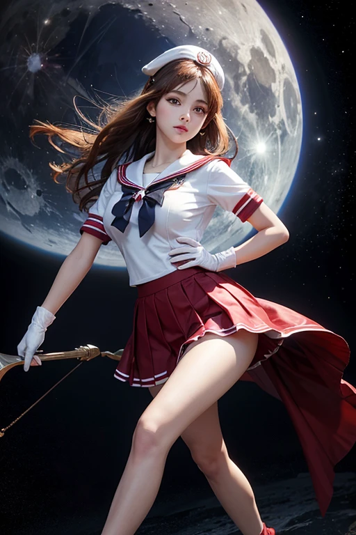 ((HD realistic, SAMA1 level)), very realistic,muste piece, best quality, high resolution, SAMA1, (((Sailor Sensi Uniform with Medium Chest,))) white gloves, Red sailor collar, red skirt, star necklace, elbow gloves, pleated skirt, bare legs, Purple bow, space, the moon, charming smile, stunning beauty, full body photo.big breast