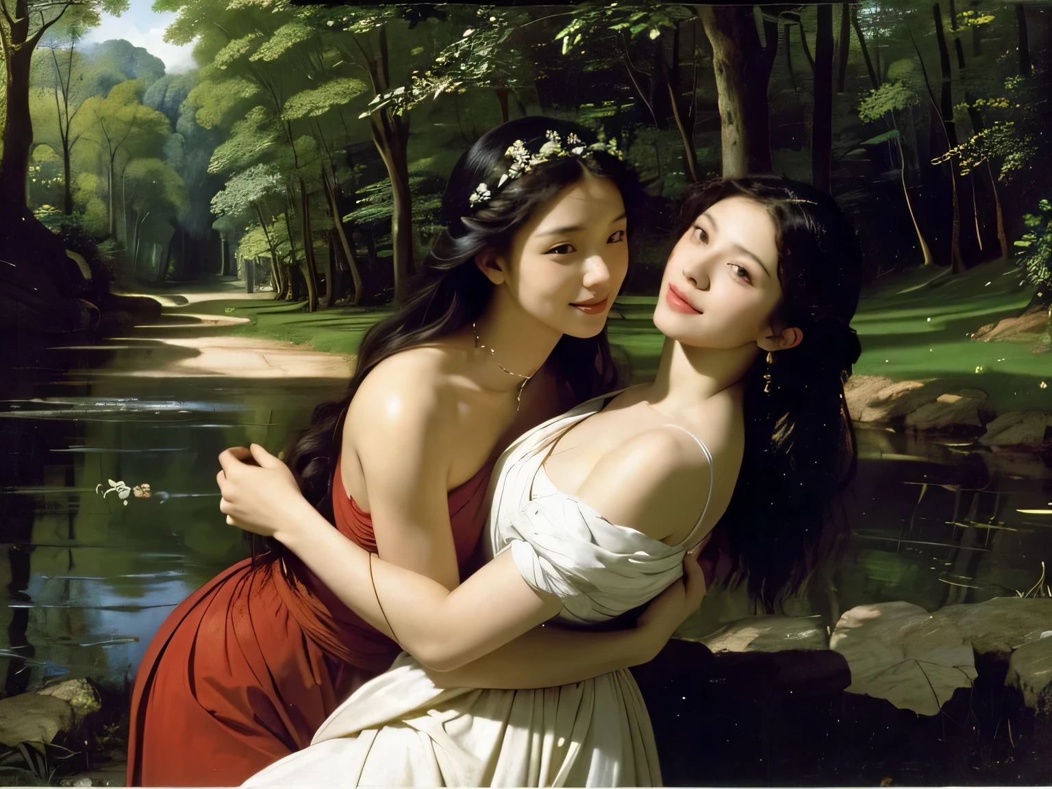 Giorgione painting style,Barbizon forest A beautiful woman in Greek dress smiles on the shore,Sweet and seductive appearance.、Caravaggio's paintings、Chiaroscuro of Caravaggio、hair tousled by the wind,Two women frolicking,cute smile, expression of ecstasy,Sexy,erotic, full body portrait