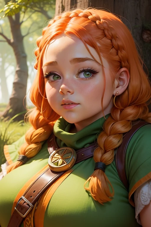 "Chubby female dwarf druid with orange hair, braided in double braids, bright green eyes, rosy cheeks, made in a comic style, Close-up shot."