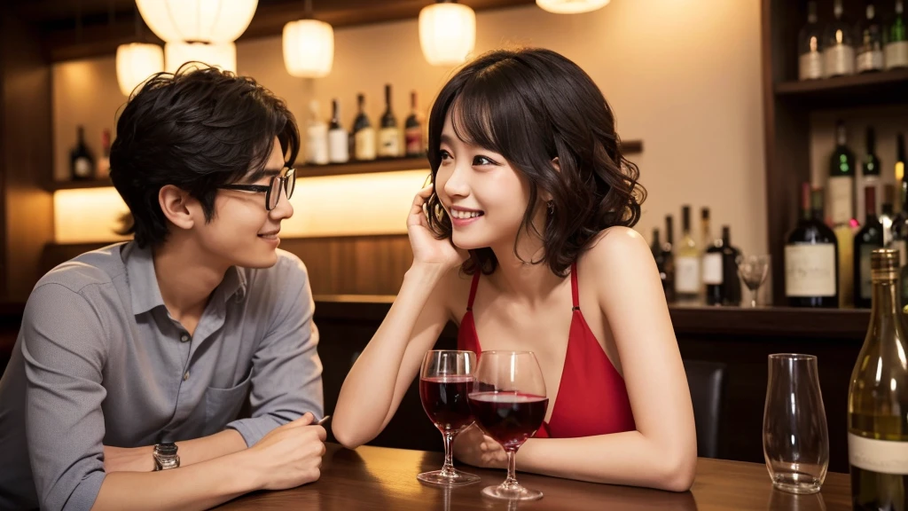 (masterpiece:1.2), high quality, High resolution, High-definition images like those taken with a high-end camera、Two people, male and female、sitting next to each other in chairs、There is food on the table、The man is a 24-year-old Japanese man.、Cut your hair short、Wearing glasses、Looks quiet、Black Hair、Curly hair、Holding a wine glass with red wine、The woman is an 18-year-old Japanese woman.、A lovely smile while drinking、Holding a cocktail glass filled with a cocktail、The location is a dimly lit bar