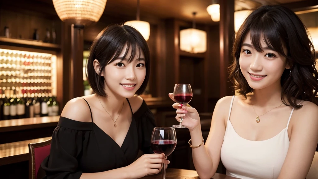 (masterpiece:1.2), high quality, High resolution, High-definition images like those taken with a high-end camera、Two people, male and female、sitting next to each other in chairs、There is food on the table、The man is a 24-year-old Japanese man.、Cut your hair short、Wearing glasses、Looks quiet、Black Hair、Curly hair、Holding a wine glass with red wine、The woman is an 18-year-old Japanese woman.、A lovely smile while drinking、Holding a cocktail glass filled with a cocktail、The location is a dimly lit bar