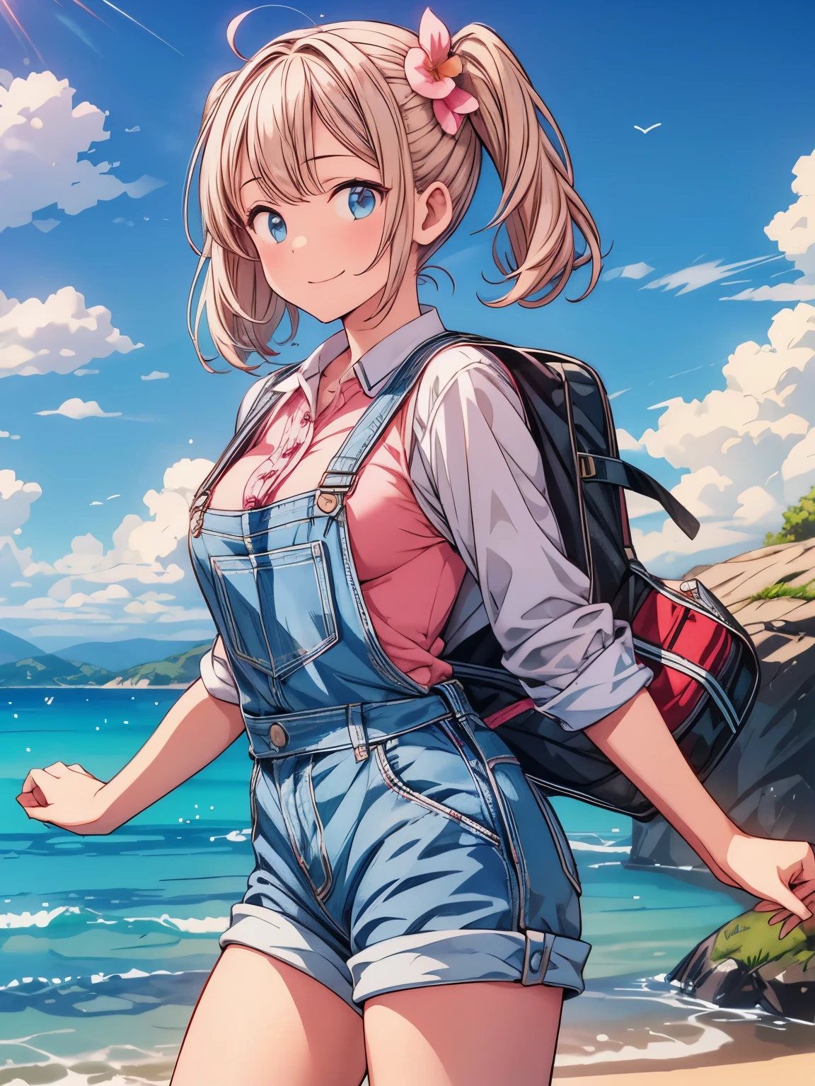(masterpiece、highest quality、highest quality、Official Art、Beautiful and beautiful:1.2)、(One girl:1.3)Hatsune Miku、Twin tails,Big Breasts,masterpiece,highest quality, 1 girl,alone,Urarakaharu,Work clothes,Overalls Shorts,Flower-shaped pupil,change,Pink Shirt,Have ice cream,(ponytail:0.6),smile,Open your mouth,cloudy,
