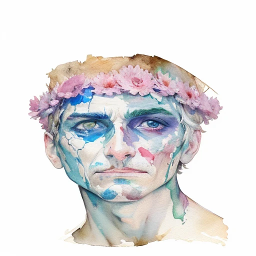 painting of a man with a headband and a face painted in watercolor, inspired by Antonin Artaud, inspired by Billie Waters, humanoid portrait, elderly greek goddess, head made of giant daisies, inspired by Oskar Kokoschka, decaying face, inspired by John Cale, portrait of a starving ai artist, portrait of male humanoid