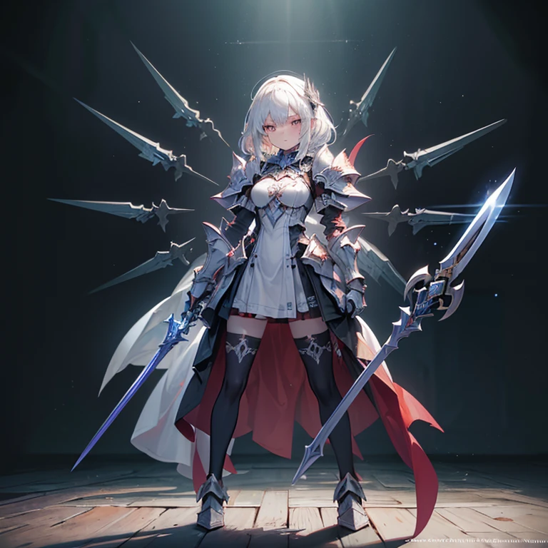 Design a layout showcase Gaming character, (1girl). Golden+Purle clothes, stylish and unique, ((showcase weapon:1.4)), magic staff, (masterpiece:1.2), (best quality), 4k, ultra-detailed, (Step by step design, layout art:1.5), (luminous lighting, atmospheric lighting), magican, ((glove full hands)), (((revealing clothes:1.3))), vambraces, armored legwear, (((full_body_shot:1.4)))