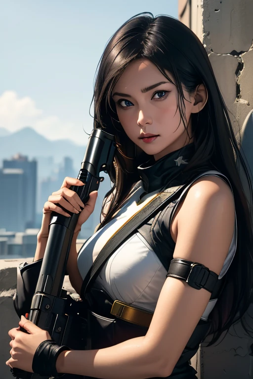 survival game、Heavy Armored Soldier、survival gameのフィールド、A beautiful girl is holding a firearm、head to waste、Vulcan cannon、m134 milligun、Material Rifle、heavy machine gun、