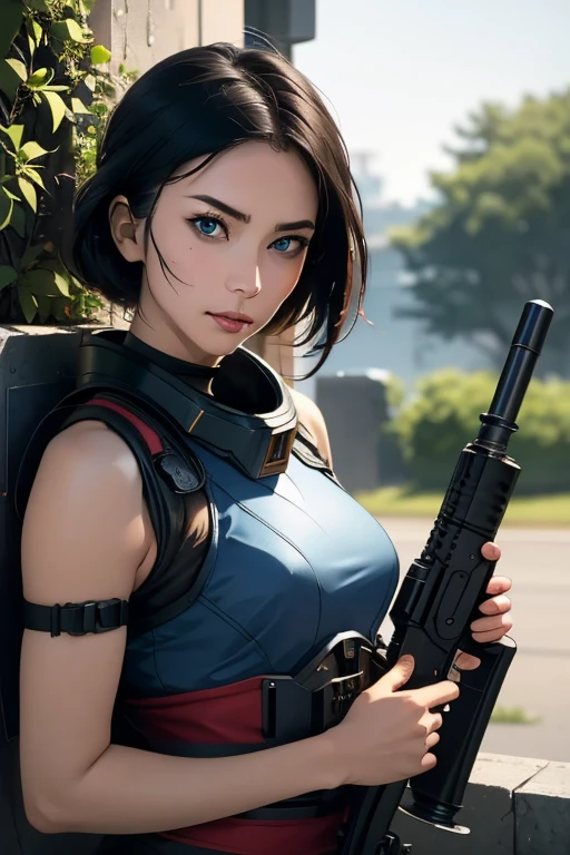 survival game、Heavy Armored Soldier、survival gameのフィールド、A beautiful girl is holding a firearm、head to waste、Vulcan cannon、m134 milligun、Material Rifle、heavy machine gun、