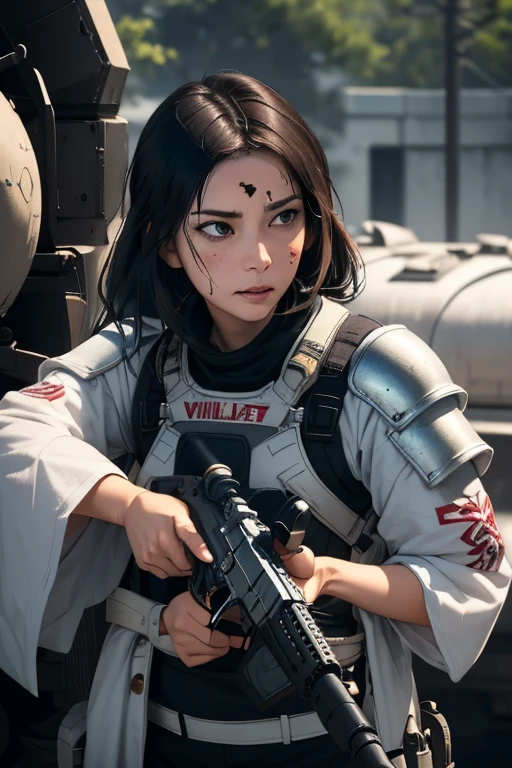 survival game、Heavy Armored Soldier、survival gameのフィールド、A beautiful girl is holding a firearm、head to waste、Vulcan cannon、m134 milligun、Material Rifle、heavy machine gun、