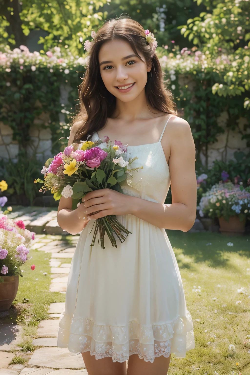 a beautiful girl, smiling with joy, wearing a lovely dress, holding a bouquet of flowers, in a garden with blooming flowers, (best quality,8k,highres,masterpiece:1.2),ultra-detailed,(realistic,photorealistic,photo-realistic:1.37),romantic,warm lighting,vivid colors,soft focus,cinematic composition,intricate details,delicate features,tender expression,graceful pose