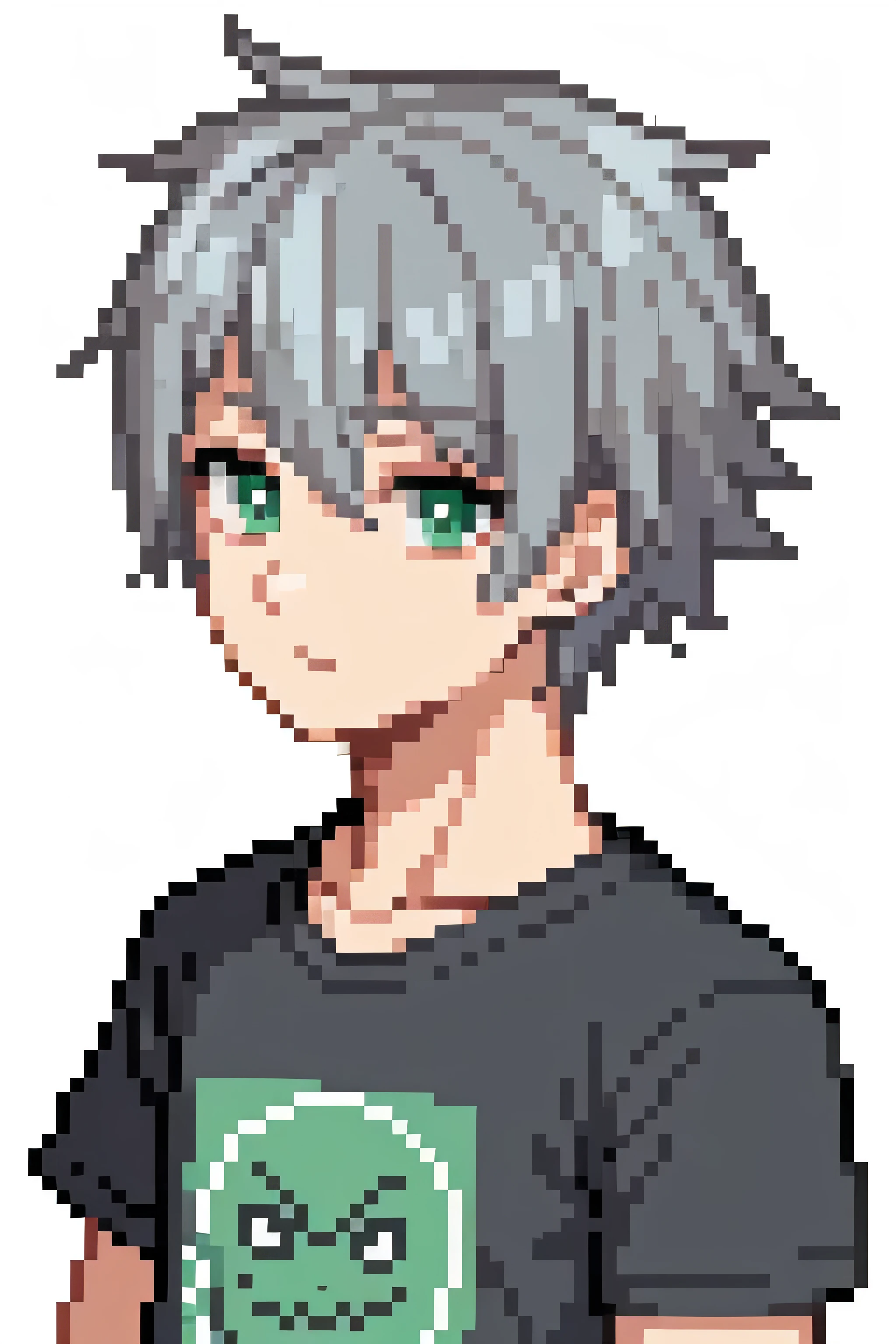 anime style boy, ((gray hair)), t-shirt, dark circles, simple background, green eyes