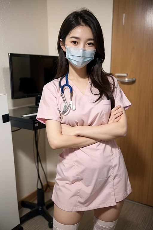  1 korean woman, Nurse, Nurse Cap, Whiteware, ((White legwear, zettai ryouiki)), White Gloves, black hair, Brown eyes, ((White surgical mask, Cover the nose)), Standing, sharp outline, Short sleeves, a matural female, 25 year old korean girl, Best Quality, masutepiece, (((background: Hospital room with lots of medical equipment)))、