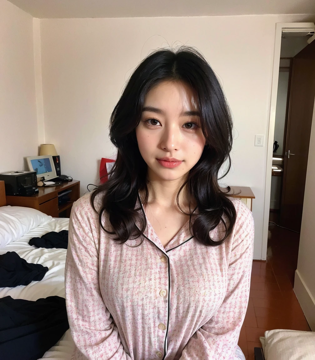 ((highest quality、8k、masterpiece:1.3))、Photorealistic, Sharp focus, high resolution, High resolution, Portraiture, alone, Japanese, Middle-aged women, Beautiful woman, pajamas、26 years old、Big Breasts, Wavy Hair,Messy room,  Just woke up、Sitting on the bed, Sexy appearance,Sleepy smile、In an apartment