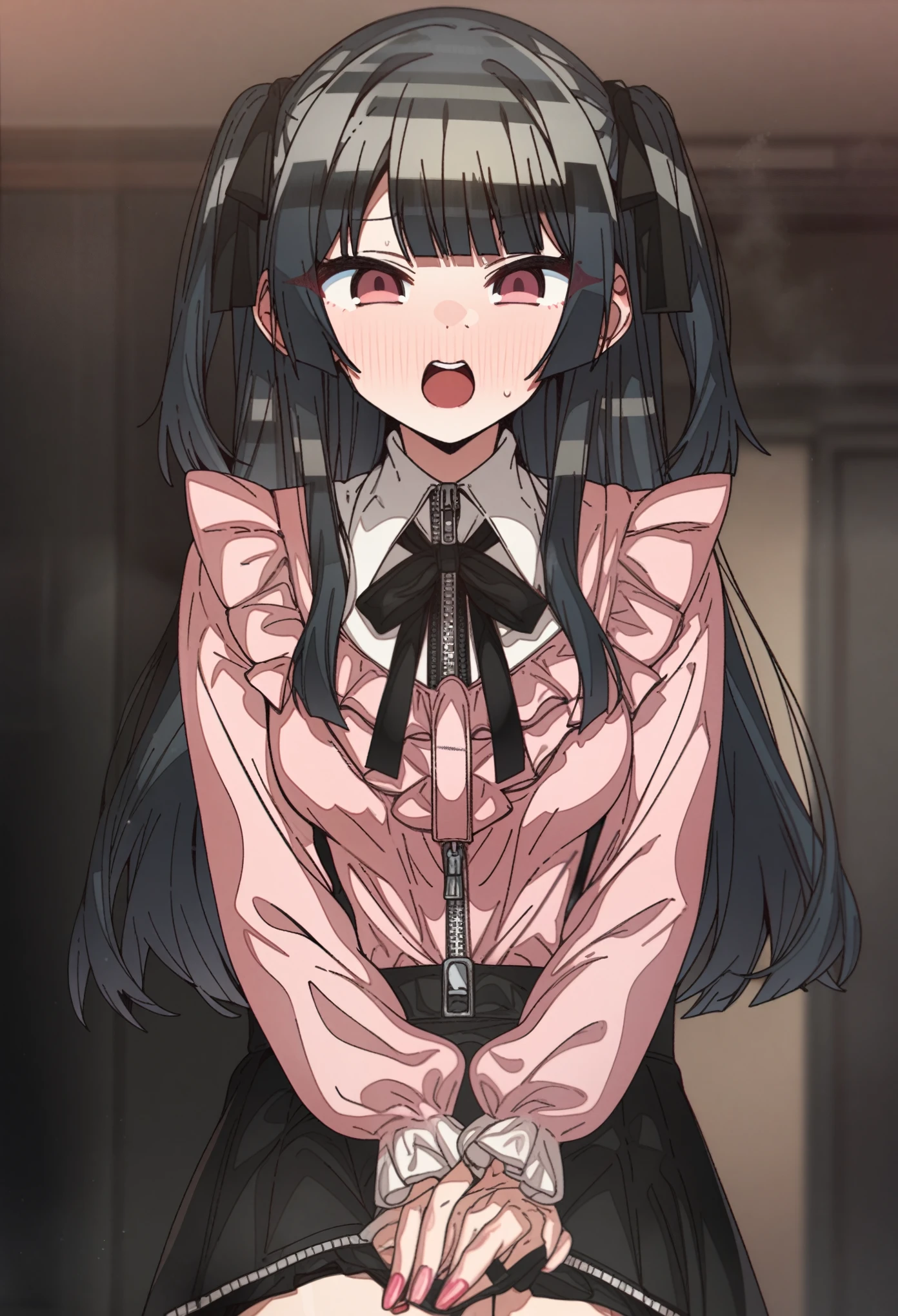 Artist, erere, Copyrights, idolmaster, idolmaster_shiny_colors, Character, mayuzumi_fuyuko, General, 1girl, black_hair, black_necktie, black_ribbon, black_skirt, blunt_bangs, blush, breasts, brown_eyes, censored, frilled_sleeves, frills, jirai_kei, long_hair, long_sleeves, medium_breasts, miniskirt, neck_ribbon, necktie, open_mouth, pink_nails, pink_shirt, raised_eyebrow, ribbon, shirt, skirt, sweatdrop, teeth, two_side_up, upper_teeth_only, zipper_skirt, masterpiece, best_quality, great_quality, absurdres, highres