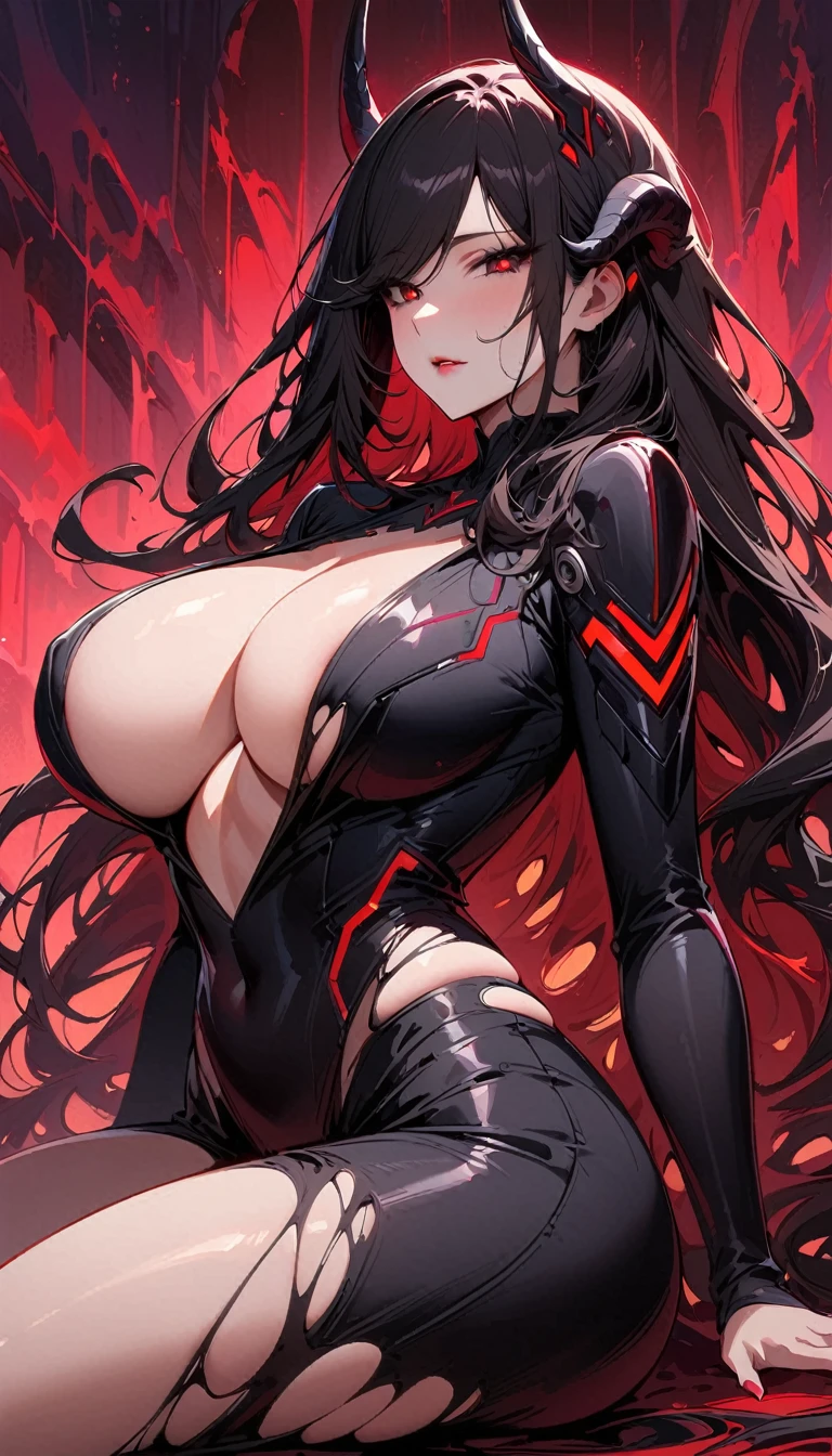 Masterpiece, very detailed, ultra detailed, one, (1 woman), she is in futuristic neon black armor with red details and in an elegant position, super mature, tall, milf style, mature mother, super long hair, straight hair, ultra-black hair and straight bangs sideways, black dragon horns, beautiful, charming, bright Blood red pupils and Black Sclera eyes, elegant, large breasts (huge, torn), bare breasts, cheerful breasts, six press packages, neutral face, dead face, charming, dark red background, futuristic atmosphere on a huge red foggy background.