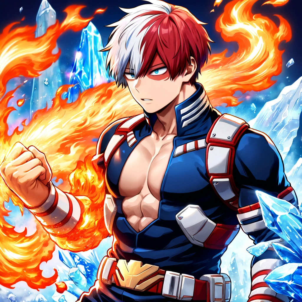 absurdres, highres, ultra detailed, HDR, master piece, best quality, Todoroki Shouto, bicolored hair, white hair right side, red hair left side, expressive blue eyes, Boku no hero academia, solo, sexy man, handsome, toned chest, black hero clothes, magical, fantasy, fire, ice