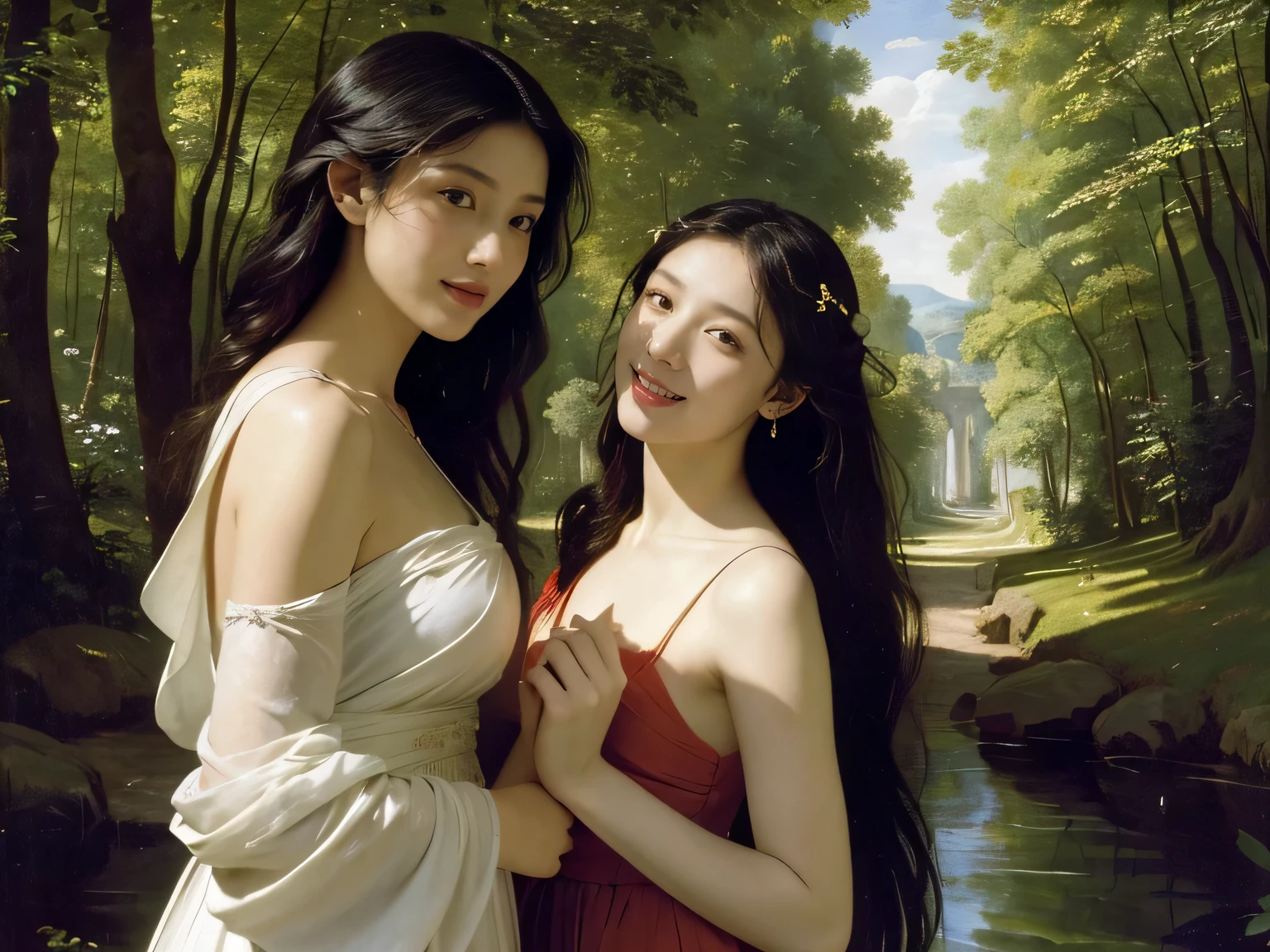 Giorgione painting style,Barbizon forest A beautiful woman in Greek dress smiles on the shore,Sweet and seductive appearance.、Caravaggio's paintings、Chiaroscuro of Caravaggio、hair tousled by the wind,Two women frolicking,cute smile, expression of ecstasy,Sexy,erotic, full body portrait
