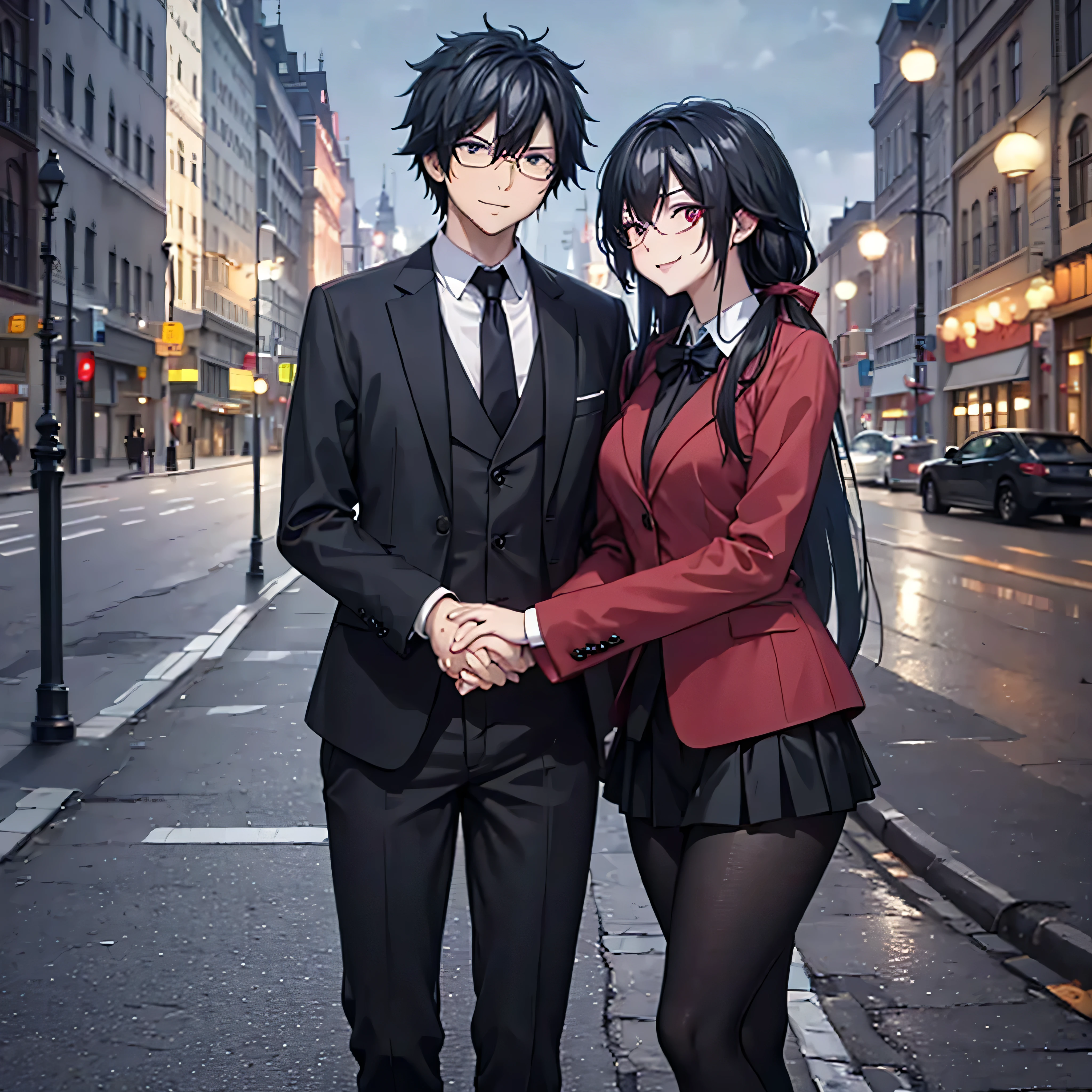 A man together with a woman holding hands Walking on a wide sidewalk overlooking a city at night with illuminated buildings, with perfect lighting, (romantic mood) (holding hands perfectly with coherent fingers), (woman wearing red coat white shirt , black skirt, black tights, smiling red eyes, long black hair) (a man wearing a black suit, black pants, black hair, dark blue eyes, smiling) (just a man and woman couple), .shadow, flower , UHD , masterpiece, accurate, anatomically correct, textured skin, super detail, high quality, best quality, 8k, high resolution, bokeh effect.
